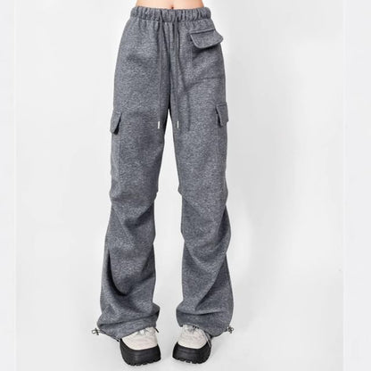 Drawstring Waist Plain Straight Leg Cargo Pants