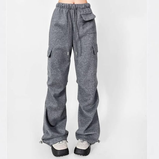 Drawstring Waist Plain Straight Leg Cargo Pants