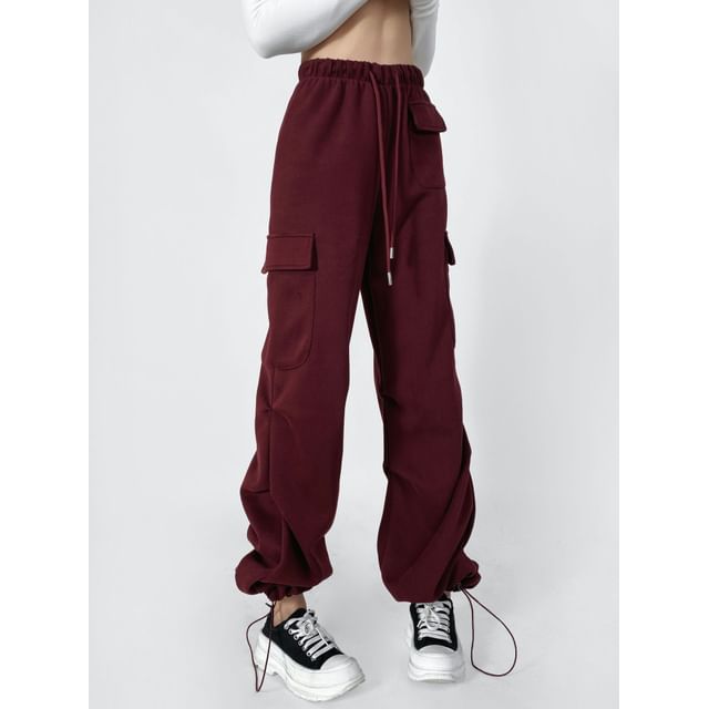 Drawstring Waist Plain Straight Leg Cargo Pants
