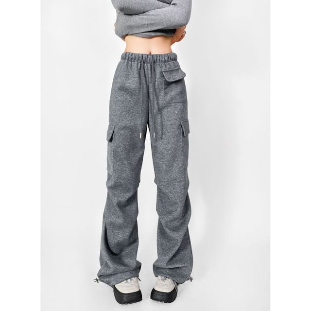 Drawstring Waist Plain Straight Leg Cargo Pants