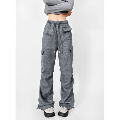 Drawstring Waist Plain Straight Leg Cargo Pants