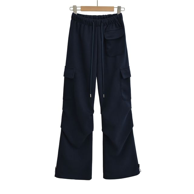 Drawstring Waist Plain Straight Leg Cargo Pants