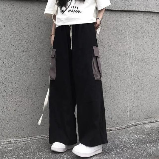 High Waist Two Tone Wide Leg Cargo Pants