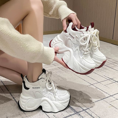 Hidden Wedge Mesh Panel Lace-Up Faux Leather Sneakers
