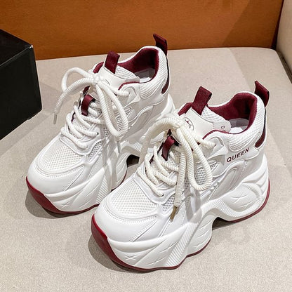 Hidden Wedge Mesh Panel Lace-Up Faux Leather Sneakers