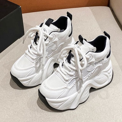 Hidden Wedge Mesh Panel Lace-Up Faux Leather Sneakers