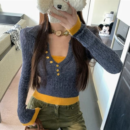 Collar Two Tone Cable-Knit Mock Two-Piece Cropped Sweater