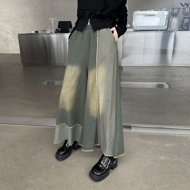Elastic Waist Patchwork Fringed Washed Denim Culottes