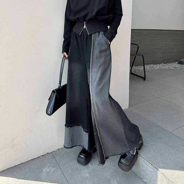 Elastic Waist Patchwork Fringed Washed Denim Culottes
