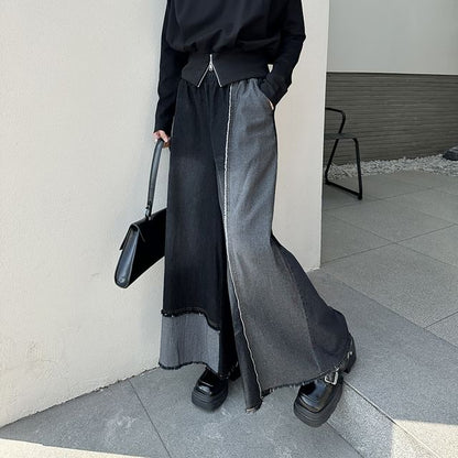 Elastic Waist Patchwork Fringed Washed Denim Culottes