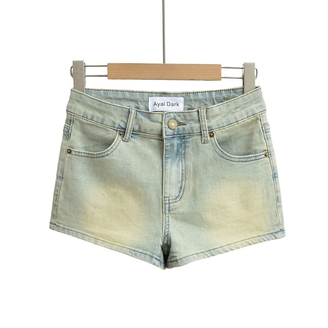 Mid Waist Washed Denim Hot Pants