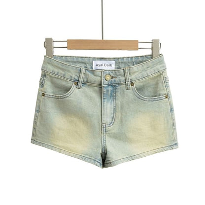 Mid Waist Washed Denim Hot Pants