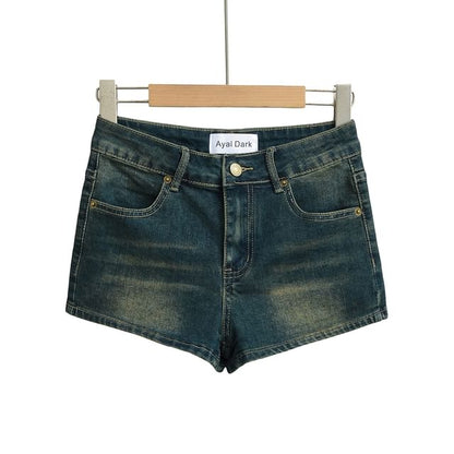 Mid Waist Washed Denim Hot Pants