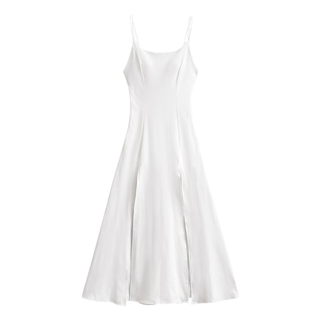 Thin Strap Solid Padded Side-Slit Maxi A-Line Gown