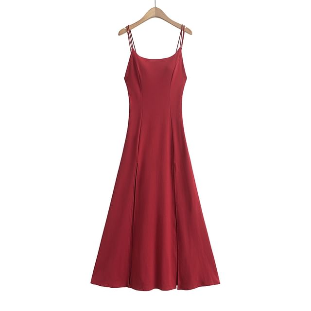 Thin Strap Solid Padded Side-Slit Maxi A-Line Gown