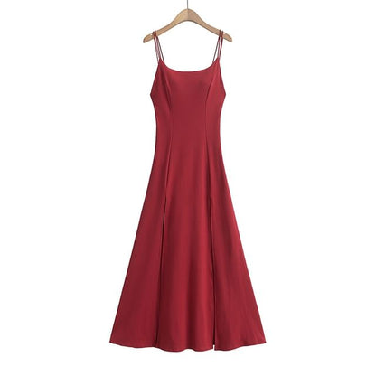 Thin Strap Solid Padded Side-Slit Maxi A-Line Gown