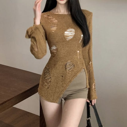 Long Sleeve Crew Neck Plain Distressed Knit Top