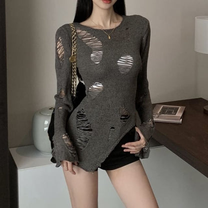 Long Sleeve Crew Neck Plain Distressed Knit Top