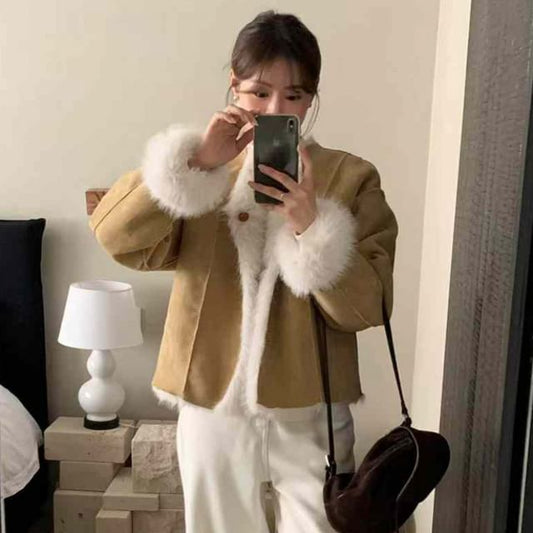 V-Neck Fluffy Button-Up Plain Jacket