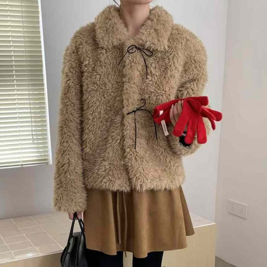 Collared Plain Bow Accent Fluffy Jacket