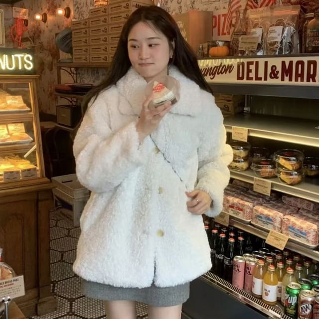 Collared Fluffy Button-Up Plain Jacket