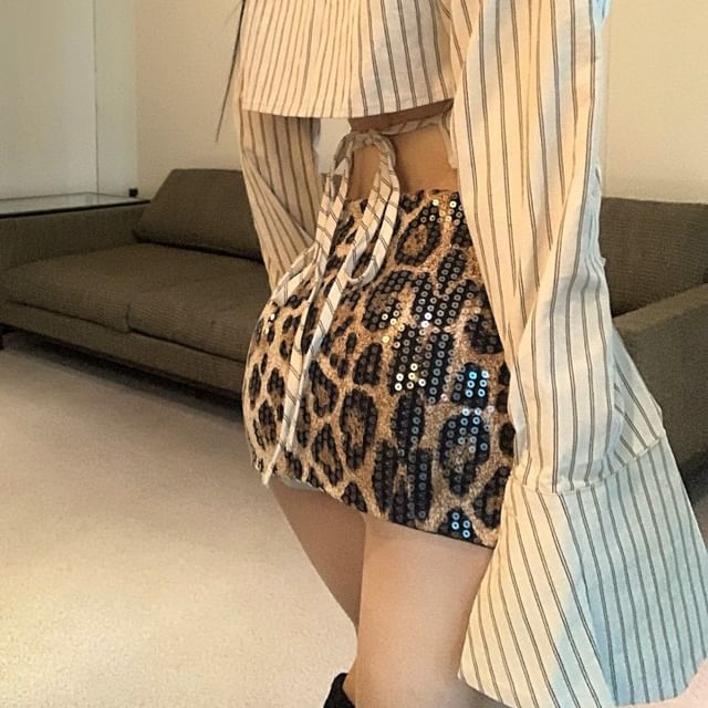 Long-Sleeve Collared Striped Button Up Shirt / High Waist Leopard Print Mini Pencil Skirt