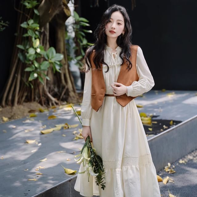 Long-Sleeve Stand Collar Plain Frill Trim Tie Front Midi A-Line Dress / V-Neck Button-Up Crop Vest / Belt / Set