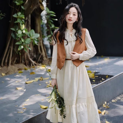 Long-Sleeve Stand Collar Plain Frill Trim Tie Front Midi A-Line Dress / V-Neck Button-Up Crop Vest / Belt / Set