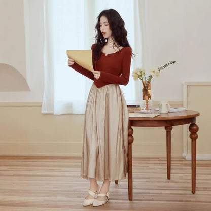 Long-Sleeve Scoop Neck Two Tone Sheer Panel Midi A-Line Dress