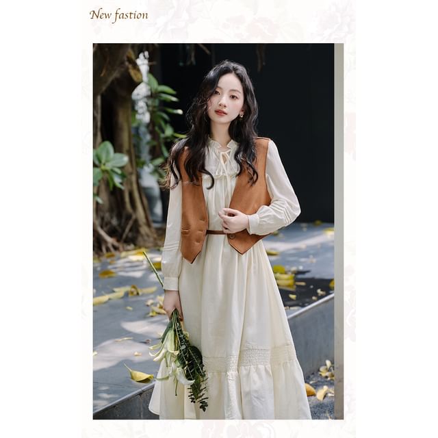 Long-Sleeve Stand Collar Plain Frill Trim Tie Front Midi A-Line Dress / V-Neck Button-Up Crop Vest / Belt / Set