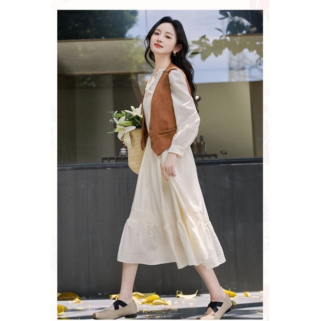 Long-Sleeve Stand Collar Plain Frill Trim Tie Front Midi A-Line Dress / V-Neck Button-Up Crop Vest / Belt / Set