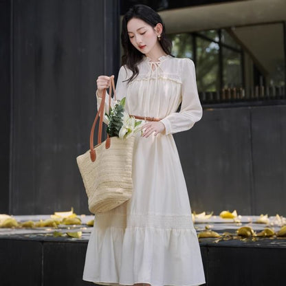 Long-Sleeve Stand Collar Plain Frill Trim Tie Front Midi A-Line Dress / V-Neck Button-Up Crop Vest / Belt / Set