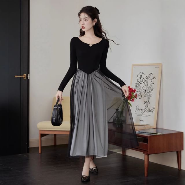 Long-Sleeve Scoop Neck Two Tone Sheer Panel Midi A-Line Dress