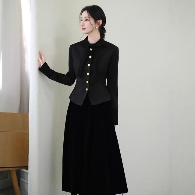 Tie-Neck Button-Up Plain Jacket / High Waist Midi A-Line Skirt / Set