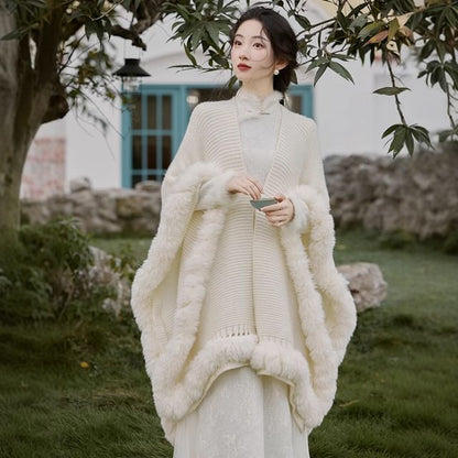 Long-Sleeve Stand Collar Floral Jacquard Sheer Panel Fluffy Trim Maxi A-Line Qipao / Cape