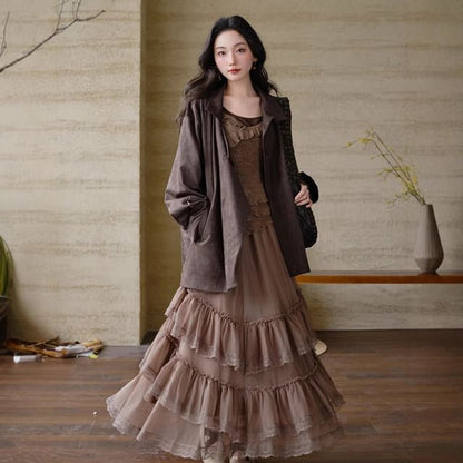 Collared Plain Faux Suede Trench Coat / Mock Two-Piece Long-Sleeve Halter Neck Floral Print Asymmetrical Ruffle Trim Top / High Waist Lace Trim Maxi A-Line Skirt / Set