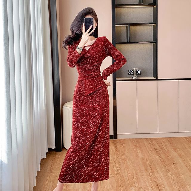 Long Sleeve V-Neck Velvet Rhinestone Panel Fitted Wrap Gown