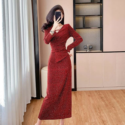 Long Sleeve V-Neck Velvet Rhinestone Panel Fitted Wrap Gown
