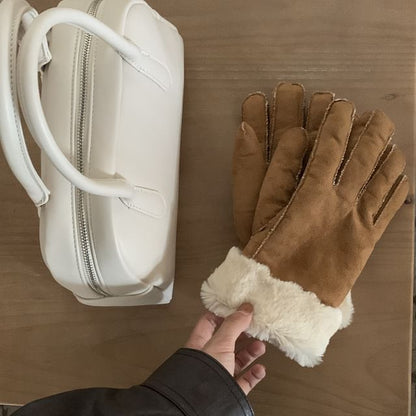 Plain Fluffy Trim Faux Suede Gloves
