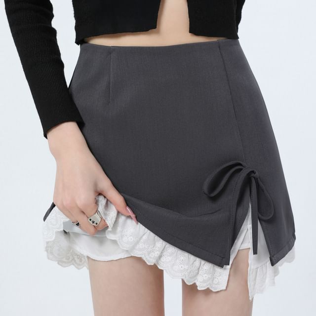 High Rise Two Tone Bow Slit Mini Pencil Skirt
