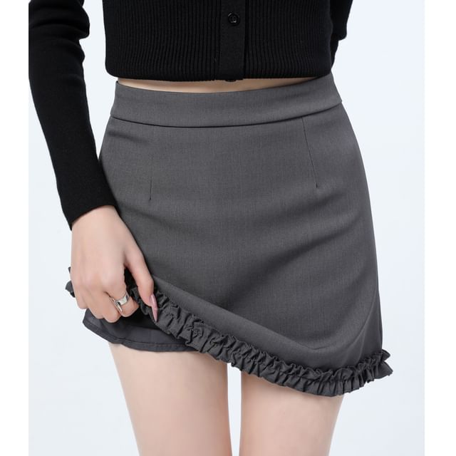 High Waist Plain Ruffle Trim Mini Pencil Skirt