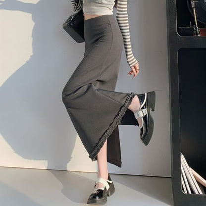 High Waist Plain Ruffle Trim Slit Midi A-Line Skirt