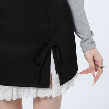 High Rise Two Tone Bow Slit Mini Pencil Skirt