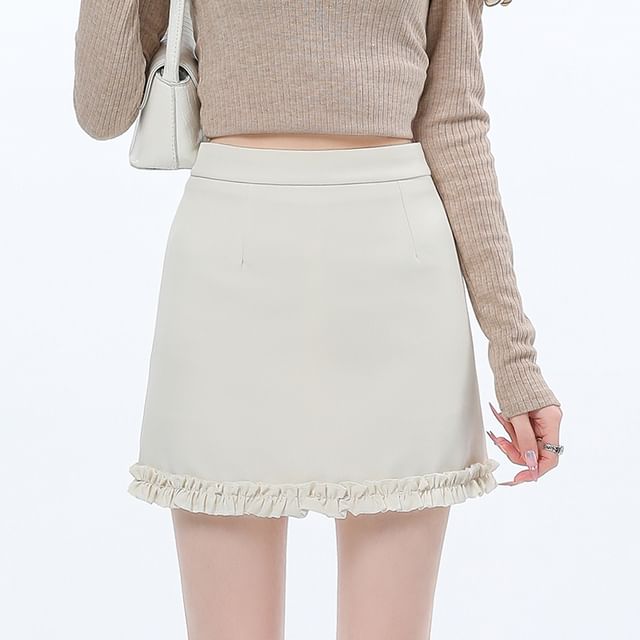 High Waist Plain Ruffle Trim Mini Pencil Skirt