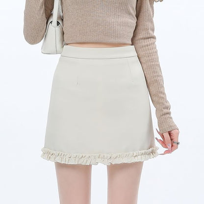 High Waist Plain Ruffle Trim Mini Pencil Skirt