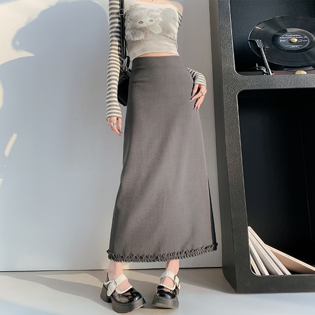 High Waist Plain Ruffle Trim Slit Midi A-Line Skirt