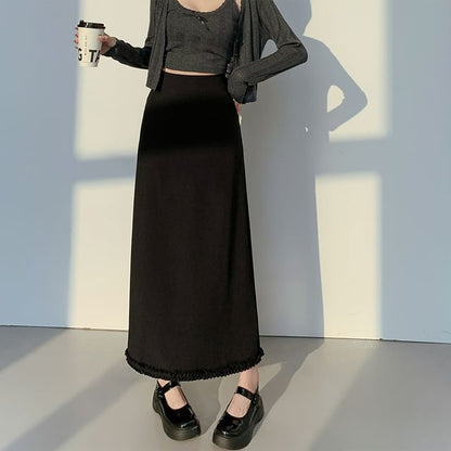 High Waist Plain Ruffle Trim Slit Midi A-Line Skirt