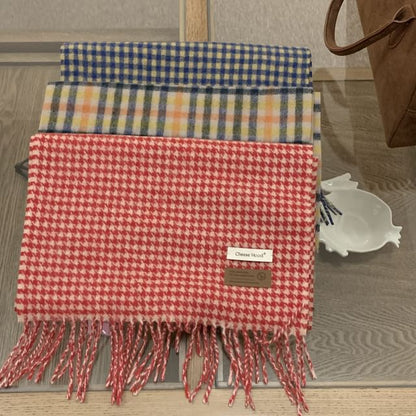 Plaid Applique Fringed Trim Scarf