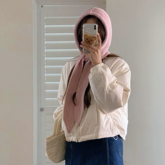 Plain Applique Lace-Up Ribbed Knit Balaclava