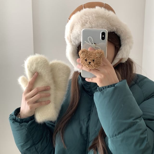 Plain Applique Fluffy Trim Trapper Hat